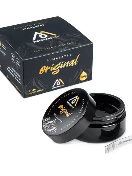 Mountaindrop Shilajit 100 g mit Verpackung, offenem Glas und Dosierlöffel