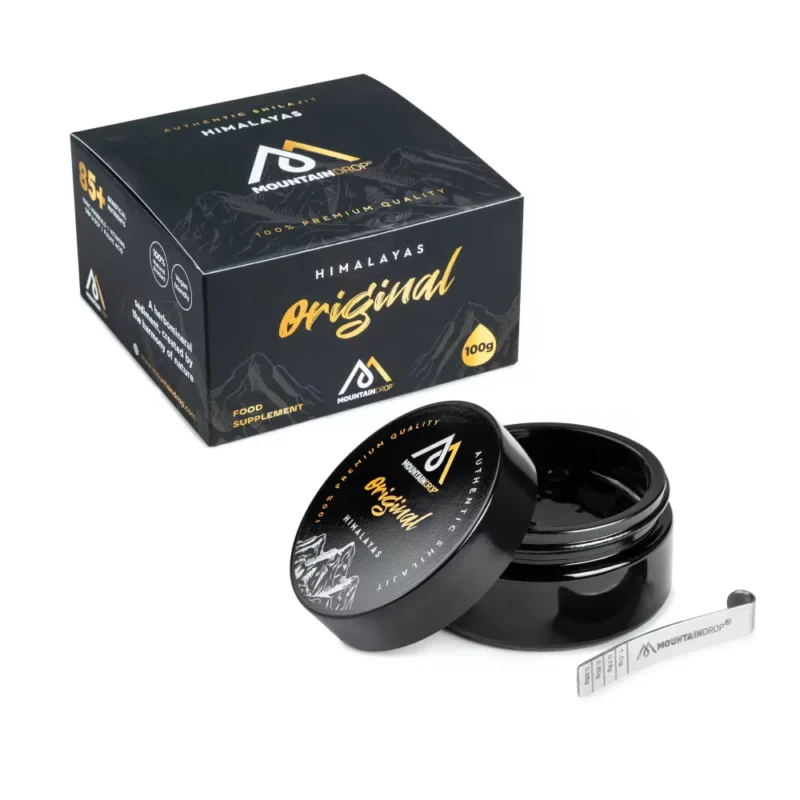Mountaindrop Shilajit 100 g mit Verpackung, offenem Glas und Dosierlöffel
