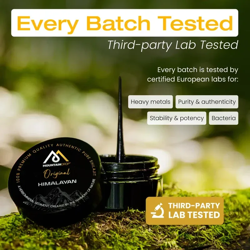 Mountaindrop Shilajit Harz, jede Charge im unabhängigen Labor auf Schwermetalle und Keime geprüft