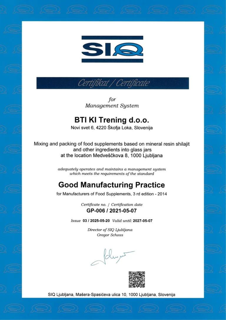 GMP-Zertifikat von SIQ Ljubljana für Mountaindrop (BTI KI Trening d.o.o.)