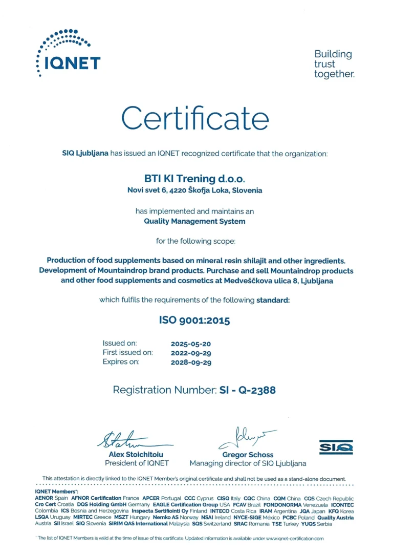 IQNET-Zertifikat zu ISO 9001 für Mountaindrop