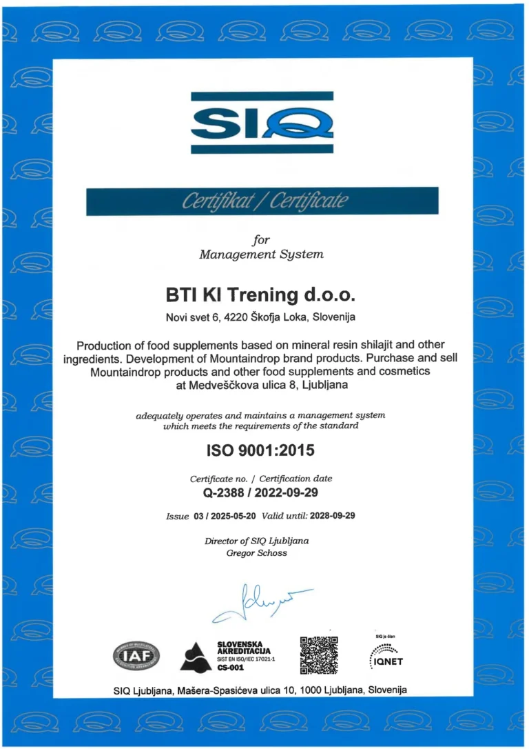 ISO-9001-Zertifikat von SIQ Ljubljana für Mountaindrop